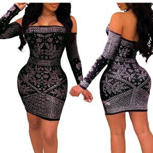 Black Rhinestone Dress Off Shoulder Long Sleeve Prom Party Dress Size XL